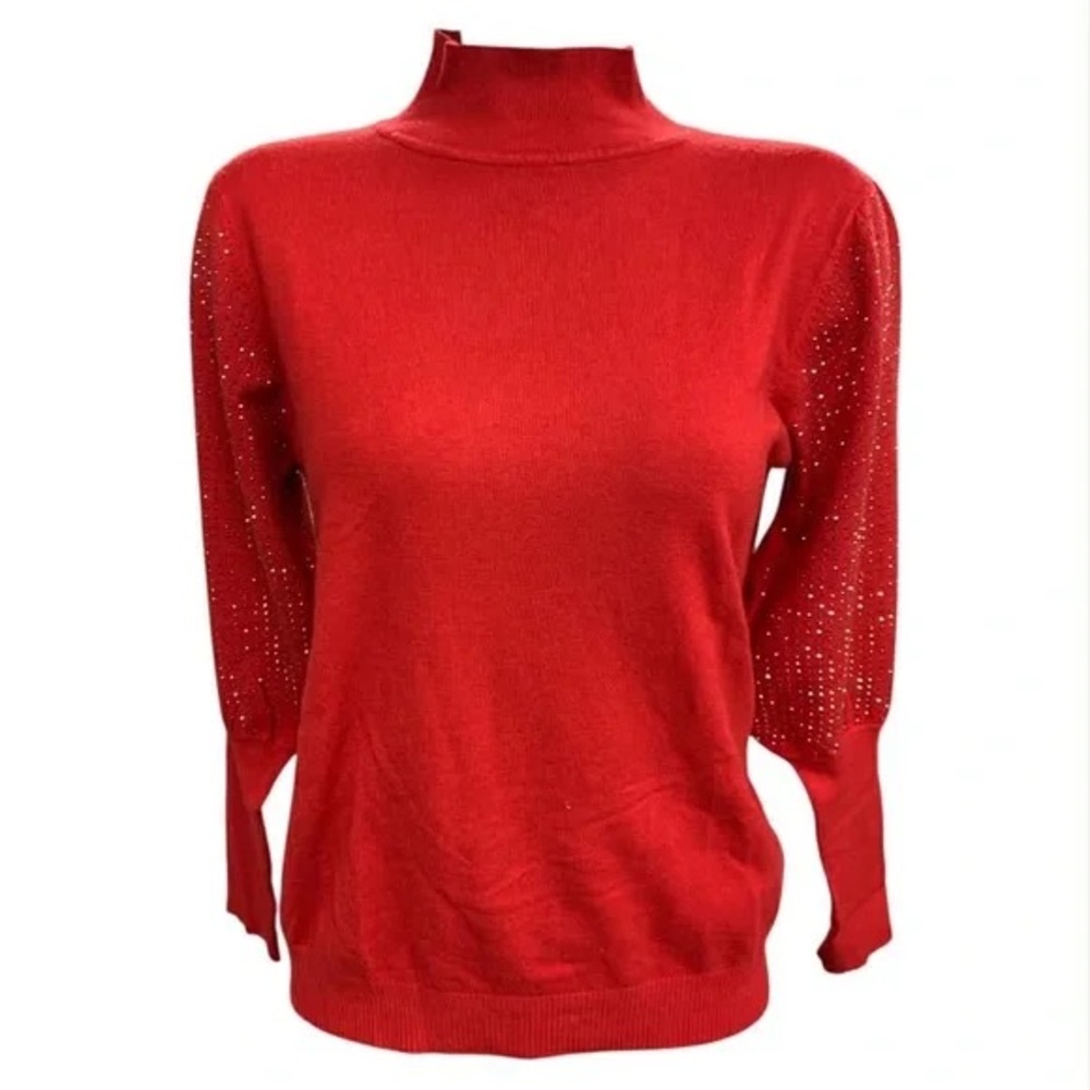 Elegant Red Mock Neck Sweater with Embellished Sleeves Size M